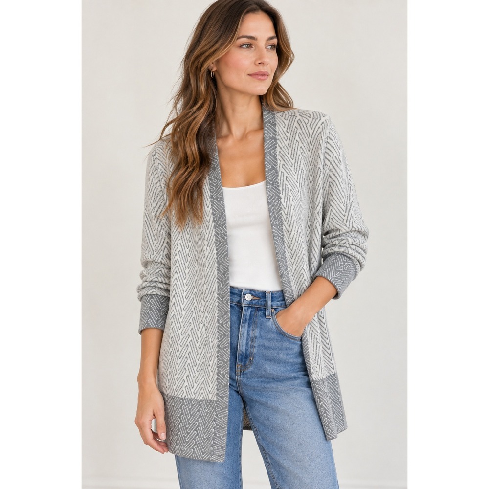 J. McLaughlin Gray & Ivory Chevron Cardigan Preppy Quiet Luxury Coastal Small
